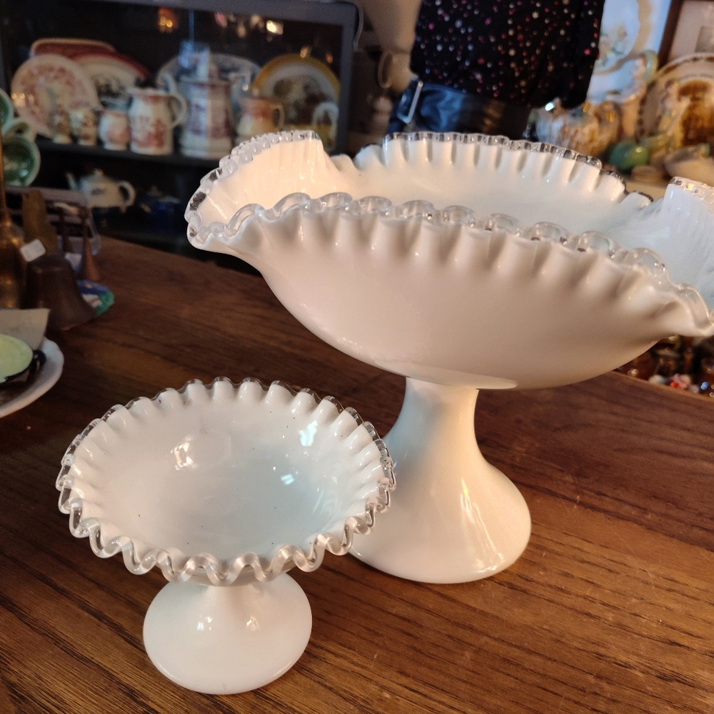 Fenton Silvercrest vintage milk glass footed  dishes, 9" square, 5.5" round